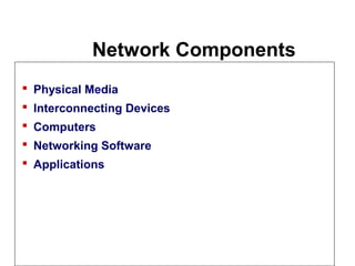 Network Components
Introduction to Computer Networks
 Physical Media
 Interconnecting Devices
 Computers
 Networking Software
 Applications
 