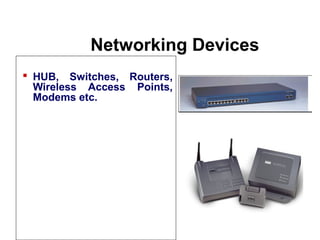 Networking Devices
Introduction to Computr Networks
 HUB, Switches, Routers,
Wireless Access Points,
Modems etc.
 