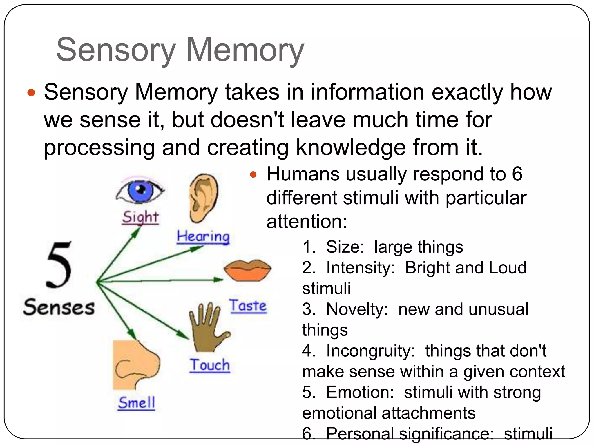Sensory MemorySensory Memory takes in information exactly how we sense it, but doesn't leave much time for processing and creating knowledge from it.  Humans usually respond to 6 different stimuli with particular attention:1.  Size:  large things2.  Intensity:  Bright and Loud stimuli3.  Novelty:  new and unusual things4.  Incongruity:  things that don't make sense within a given context5.  Emotion:  stimuli with strong emotional attachments6.  Personal significance:  stimuli personally important to us