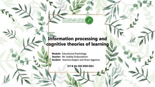 Information processing and
cognitive theories of learning
Module: Educational Psychology
Teacher: Mr. Seddiq Ouboulahcen
Student: Yasmina Zergani and Ikram Ajganiou
ELT & the GM 2020-2021
 