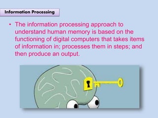 • The information processing approach to
understand human memory is based on the
functioning of digital computers that takes items
of information in; processes them in steps; and
then produce an output.
Information Processing
 