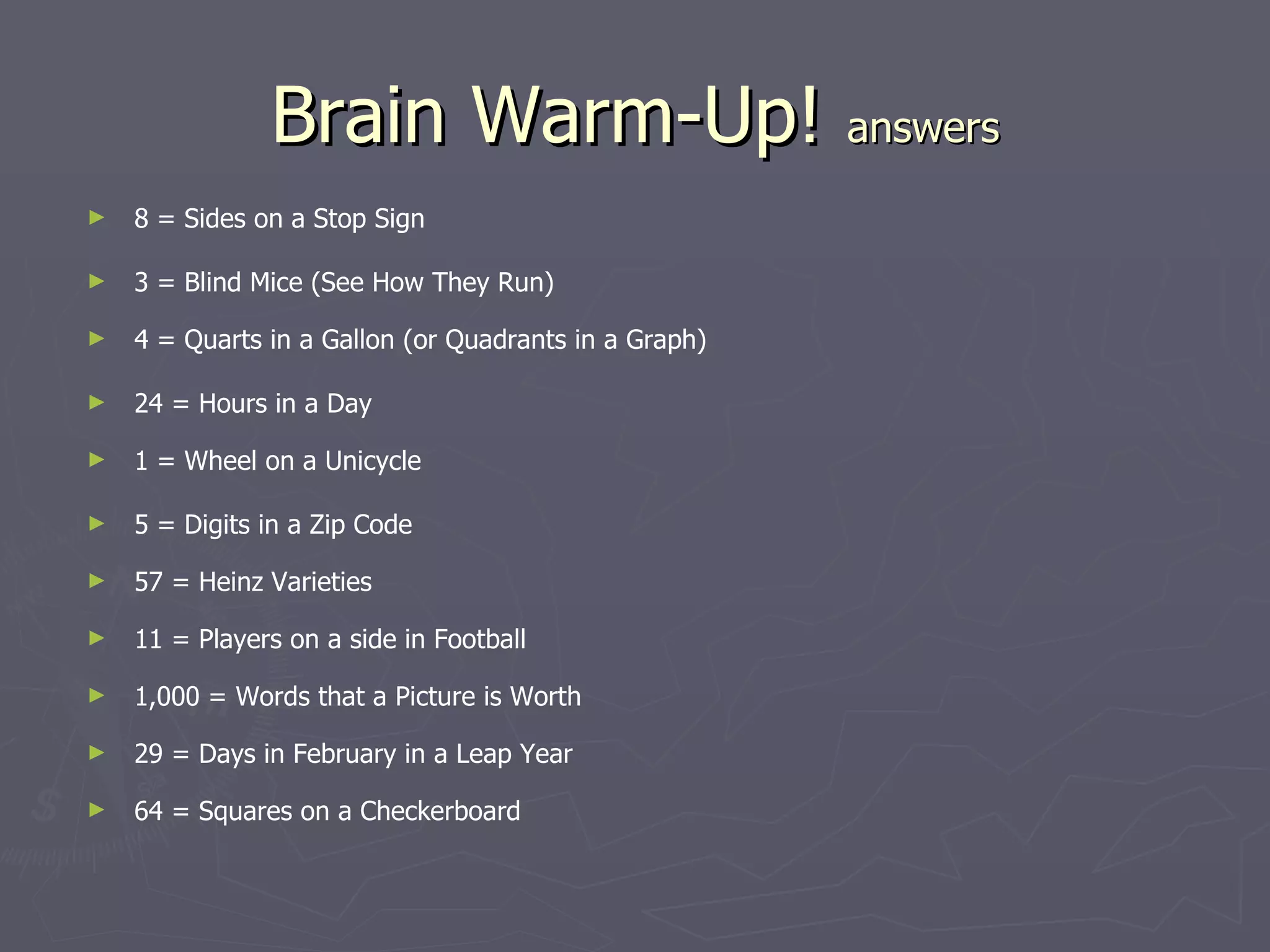 Brain Warm-Up! answers
►   8 = Sides on a Stop Sign

►   3 = Blind Mice (See How They Run)

►   4 = Quarts in a Gallon (or Quadrants in a Graph)

►   24 = Hours in a Day

►   1 = Wheel on a Unicycle

►   5 = Digits in a Zip Code

►   57 = Heinz Varieties

►   11 = Players on a side in Football

►   1,000 = Words that a Picture is Worth

►   29 = Days in February in a Leap Year

►   64 = Squares on a Checkerboard
 