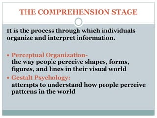 THE COMPREHENSION STAGE
It is the process through which individuals
organize and interpret information.
 Perceptual Organization-
the way people perceive shapes, forms,
figures, and lines in their visual world
 Gestalt Psychology:
attempts to understand how people perceive
patterns in the world
 