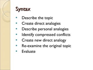 Syntax Describe the topic Create direct analogies Describe personal analogies Identify compressed conflicts Create new direct analogy Re-examine the original topic Evaluate 