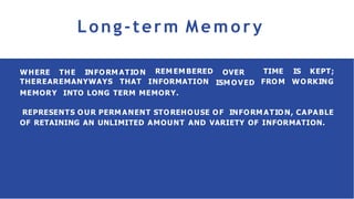 Long-term Memory
WHERE THE INFORM ATION REM EM BERED
THEREAREMANYWAYS THAT INFORMATION
OVER
ISM OVED
TIME
FROM
IS KEPT;
WORKING
MEMORY INTO LONG TERM MEMORY.
REPRESENTS OUR PERM ANENT STOREHOUSE OF INFORM ATION, CAPABLE
OF RETAINING AN UNLIMITED AMOUNT AND VARIETY OF INFORMATION.
 