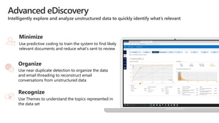 Advanced eDiscovery
Intelligently explore and analyze unstructured data to quickly identify what’s relevant
Use predictive coding to train the system to find likely
relevant documents and reduce what’s sent to review
Minimize
Use near duplicate detection to organize the data
and email threading to reconstruct email
conversations from unstructured data
Organize
Use Themes to understand the topics represented in
the data set
Recognize
 