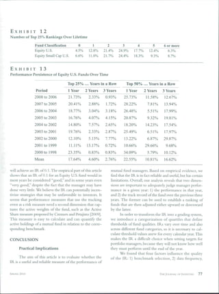 EXHIBIT         12
Number of Top 25% Rankings Over Lifetime

                Fund Classificstion           0        1           2          3         4           5       6 or more
                Equity U.S.                 4.5%     12.8%       21.4%      24.9%     17.7%      1A%         6.3%
                Equity Small Cap U. S.      6.6%     11.0%       21.7%      24.4%     18.3%       9.3%        8.7%


EXHIBIT          13
Perfonnance Persistence of Equity U.S. Funds Over Time

                                      Top 25% ... Years i a Row
                                                        in                       Top 50% ... Years in a Row
                 Period                lYear       2 Years       3 Years         lYear        2 Years      3 Years
                2008 to 2006           21.73%       2.33%         0.93%         25.73%         11.58%       12.67%
                2007 to 2005           20.41%       2.88%         1.72%         28.22%          7.81%       13.94%
                2006 to 2004           18.77%        3.04%        3.18%         26.48%          5.51%       17.99%
                2005 to 2003           16.76%       4.07%         4.15%         20.87%          9.32%       19.81%
                2004 to 2002           14.80%       7.57%         2.65%         18.20%         14.23%       17.54%
                2003 to 2001           19.76%       2.33%         2.87%         25.49%          6.51%       17.97%
                2002 to 2000           12.10%       5.15%         1.11%         13.22%          6.87%      29.87%
                2001 to 1999           11.11%      13.17%         0.72%         10.66%        29.66%         9.68%
                2000 to 1998           23.35%       0.83%         0.83%         34.09%          5.79%       10.12%
                Mean                   17.64%       4.60%         2.76%         22.55%         10.81%       16.62%

vill achieve an IR of 0.1. The empirical part of this article         mutual fund managers. Based on empirical evidence, we
shows that an IR of 0.1 for an Equity U.S. fund would in               find that the IR is in fact reliable and useful, but has certain
most years be considered "good," and in some years even                limitations. Overall, our analysis reveals that two dimen-
"very good," despite the fact that the manager may have                sions are important to adequately judge manager perfor-
done very little. We believe the IR can potentially incen-             mance in a given year: 1) the performance in that year,
tivize strategies that may he unfavorable to investors. It             and 2) the track record of the fund over the previous three
seems that performance measures that use the tracking                  years. The former can be used to establish a ranking of
error as a risk measure need a second dimension that cap-              funds that are then adjusted either upward or downward
tures the active weights of the fund, such as the Active               by the latter.
Share measure proposed by Cremers and Petajisto [2009].                      In order to transform the IR into a grading system,
This measure is easy to calculate and can quantify the                 we introduce a categorization of quartiles that define
active holdings of a mutual fund in relation to the corre-             thresholds of fund qualities. IRs vary over time and also
sponding benchmark.                                                    across different fund categories, so it is necessary to cal-
                                                                       culate threshold values anew for every calendar year. This
CONCLUSION                                                             makes the IR a difficult choice when setting targets for
                                                                       portfolio managers, because they will not know how well
      Practical Implications                                           they must perform until the end of the year.
                                                                             We found that four factors influence the quality
      The aim of this article is to evaluate whether the               of the IR: 1) benchmark selection, 2) data frequency.
IR is a useful and reliable measure of the performance of

SPRING 2010                                                                                              THE JOURNAL OF INVESTING   77
 