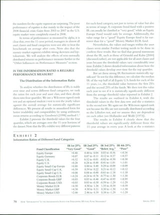the numbers for the equity segment are surprising- The poor        for each fund category, not just in terms of value but also
performance of equities is due mainly to the impact of the         in terms of range. A corporate bond fund with a positive
2008financialcrisis; Gainsfixim2003 to 2007 in the US.             IR can usually be classified as "very good," while an Equity
equity market were completely erased in 2008.                      Europe Fund would only be average. Additionally, the
       In terms of performance as measured by alpha, it is         value range for a "good" Equity Europe fund is far nar-
clear that, over the 11-year period, managers in almost all        rower than for a "good" Money Market EUR fund.
asset classes and fund categories were not able to beat the               Nevertheless, the values and ranges within the a.sset
benchmark on average after costs. Note also that the               classes seem similar. Further testing needs to be done to
money-market segment exhibits strong skewness and lep-             confirm these results. But we find that general statements
tokurtosis. We will analyze the effects of non-normally            about the IR, such as those of Grinold and Kahn [2000]
di.stributed returns on performance measures flirther in the       (discussed earlier), are not applicable for all asset classes and
"Other Influences on Performance Measures" section.                years because the threshold values vary considerably over
                                                                   time. Exhibit 3 shows detailed information about how the
IS THE INFORMATION RATIO A RELIABLE                                threshold values develop over time for the top quartiles.
PERFORMANCE MEASURE?                                                      But are these strong IR fluctuations statistically sig-
                                                                   nificant? To test for this difference, we calculate the median
     The Distribution of the Information Ratio                     [R of the top half of all Equity US. funds for each of the
                                                                    11 years, i.e., the threshold value between the first 25%
      To analyze whether the distribution of [Rs is stable         and the second 25% of the funds. We then test this value
over time and across different fiand categories, we rank           each year to see if it is statistically significantly different
the ratios for each year and asset class, and then divide          from the average threshold value reported in Exhibit 2.
them into four quartiles. We use a Wilcoxon signed-rank                   The results are outlined in Exhibit 4, with the
test and an optional student r-test to test the yearly values      threshold values in the first data row and the z-statistics
against the overall average for statistically significant          in the second row. We again use the Wilcoxon signed-rank
differences. We present all results in annualized form for         test because the IRs are not normally distributed according
better readability and comparability by using arithmetic           to the Lilliefors test, and we assume they are dependent
mean returns according to Goodwin's [ 1998] method 1 .'            on each other (see Hollander and Wolfe [1973]).
      Exhibit 2 presents the threshold values for the four                The results in Exhibit 4 clearly show that the
quartiles, which are averages over the 11-year horizon ot           threshold values are significantly different from the
the dauset. Note that the IRs exhibit very different patterns       11-year average in every year. A look at the z-statistics


EXHIBIT               2
Information Ratios of Different Fund Categories

                                                   IR 1st 25%   IR 2nd 25%        IR 3rd 25% IR 4th 25%
                          Fund Classification     «Very Good"      «Good"        "Below Avg." "Poor"
                          Equity Europe               >0.40      0.40 to 0.04     0.03 to -0.36 <-0.36
                          Equity Germany              >0.07      0.07 to-0.11    -0.12 to 0.37  <-0.37
                          Equity U.K.                 >0.32      0.32 to-0.01    -0.02 to -0.30 <-0.30
                          Equity U.S.                 >0.28      0.28 to -0.40   -0.41 to-I.Ol  <-1.01
                          Equity Small Cap Europe     >0.80      0.80 to 0.40     0.29 to -0.09 <-0.09
                          Equity Small Cap U.K.       >0.59      0.59 to 0.22     0.21 to-0.12  <-0.12
                          Equity Small Cap U.S.       >0.08      0.08 to -0.60   -0.61 to-1.18  <-I.18
                          Corporate Bonds EUR        >-0.24     -0.24 to -0.76   -0.77 to-1.30  <-1.30
                          Corporate Bonds GBP         >0.03      0.03 to -0.46   -0.47 to -0.95 <-0.95
                          Corporate Bonds USD         >0.03      0.03 to -0.58   -0.59 to-1.29  <-1.29
                          Money Market EUR            >4.30      4.30 to 1.36      1.35 to-0.39 <-0.39
                          Money Market GBP            >4.30      4.30 to 0.31      0.30 to-1.50 <-1.50
                          Money Market USD            >2.46      2.46 to 0.39      0.38 to-1.29 <-1.29


70     How ••INK>HM.TIVE" IS THE          RATK) FOR EVALUATING MUTUAL FUND MANAGERS?                                    SPRING 2010
 