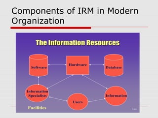 Components of IRM in Modern
Organization
The Information ResourcesThe Information Resources
Facilities
Software Database
Hardware
Information
Specialists
Users
Information
2-10
 