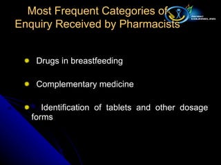 Drugs in breastfeeding Complementary medicine Identification of tablets and other dosage forms Most Frequent Categories of Enquiry Received by Pharmacists 