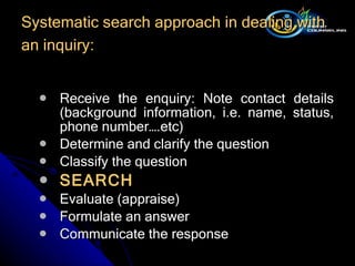 Receive the enquiry: Note contact details (background information, i.e. name, status, phone number….etc) Determine and clarify the question Classify the question SEARCH Evaluate (appraise) Formulate an answer Communicate the response  Systematic search approach in dealing with an inquiry:   