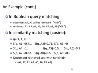 An Example (cont.)
 In Boolean query matching:
 document A4, A7 will be retrieved (“AND”)
 retrieved: A1, A2, A4, A5, A6, A7, A8, A9 (“OR”)
 In similarity matching (cosine):
 q=(1, 1, 0)
 S(q, A1)=0.71, S(q, A2)=0.71, S(q, A3)=0
 S(q, A4)=1, S(q, A5)=0.5, S(q, A6)=0.5
 S(q, A7)=0.82, S(q, A8)=0.5, S(q, A9)=0.5
 Document retrieved set (with ranking)=
• {A4, A7, A1, A2, A5, A6, A8, A9}
22
 
