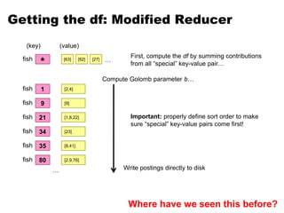Getting the df: Modified Reducer
1
fish
9
[2,4]
[9]
21 [1,8,22]
(value)
(key)
34 [23]
35 [8,41]
80 [2,9,76]
fish
fish
fish
fish
fish
Write postings directly to disk

fish [63] [82] [27] …
…
First, compute the df by summing contributions
from all “special” key-value pair…
Compute Golomb parameter b…
Important: properly define sort order to make
sure “special” key-value pairs come first!
Where have we seen this before?
 
