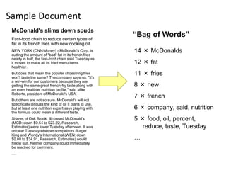 Sample Document
McDonald's slims down spuds
Fast-food chain to reduce certain types of
fat in its french fries with new cooking oil.
NEW YORK (CNN/Money) - McDonald's Corp. is
cutting the amount of "bad" fat in its french fries
nearly in half, the fast-food chain said Tuesday as
it moves to make all its fried menu items
healthier.
But does that mean the popular shoestring fries
won't taste the same? The company says no. "It's
a win-win for our customers because they are
getting the same great french-fry taste along with
an even healthier nutrition profile," said Mike
Roberts, president of McDonald's USA.
But others are not so sure. McDonald's will not
specifically discuss the kind of oil it plans to use,
but at least one nutrition expert says playing with
the formula could mean a different taste.
Shares of Oak Brook, Ill.-based McDonald's
(MCD: down $0.54 to $23.22, Research,
Estimates) were lower Tuesday afternoon. It was
unclear Tuesday whether competitors Burger
King and Wendy's International (WEN: down
$0.80 to $34.91, Research, Estimates) would
follow suit. Neither company could immediately
be reached for comment.
…
14 × McDonalds
12 × fat
11 × fries
8 × new
7 × french
6 × company, said, nutrition
5 × food, oil, percent,
reduce, taste, Tuesday
…
“Bag of Words”
 
