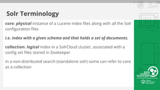 Solr Terminology
core: physical instance of a Lucene index files along with all the Solr
configuration files
i.e. index with a given schema and that holds a set of documents.
collection: logical index in a SolrCloud cluster, associated with a
config set files stored in Zookeeper
In a non-distributed search (standalone solr) some can refer to core
as a collection
 