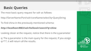 Basic Queries
The most basic query request for solr as follows:
http://ServerName:Port/solr/coreName/select?q=QueryString
To find china in the previously mentioned schema:
http://localhost:8983/solr/hellosolr/search?q=china
Looking closer at the request, notice that there is the q parameter
q: The q parameter is the main query for the request, If you assign
q=*:*, it will return all the results.
 