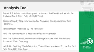Analysis Tool
Part of Solr Admin that allows you to enter text And See How It Would Be
Analyzed For A Given Field (Or Field Type)
Displays Step By Step Information For Analyzers Configured Using Solr
Factories...
Token Stream Produced By The Tokenizer
How The Token Stream Is Modified By Each TokenFilter
How The Tokens Produced When Indexing Compare With The Tokens
Produced When Querying
Helpful In Deciding Which Tokenizer/TokenFilters You Want To Use For Each
Field Based On Your Goals
 