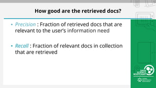 How good are the retrieved docs?
▪ Precision : Fraction of retrieved docs that are
relevant to the user’s information need
▪ Recall : Fraction of relevant docs in collection
that are retrieved
 