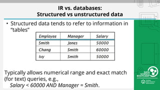 IR vs. databases:
Structured vs unstructured data
• Structured data tends to refer to information in
“tables”
Typically allows numerical range and exact match
(for text) queries, e.g.,
Salary < 60000 AND Manager = Smith.
 