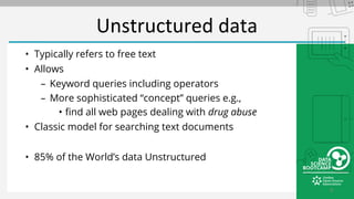 Unstructured data
• Typically refers to free text
• Allows
– Keyword queries including operators
– More sophisticated “concept” queries e.g.,
• find all web pages dealing with drug abuse
• Classic model for searching text documents
• 85% of the World’s data Unstructured
8
 