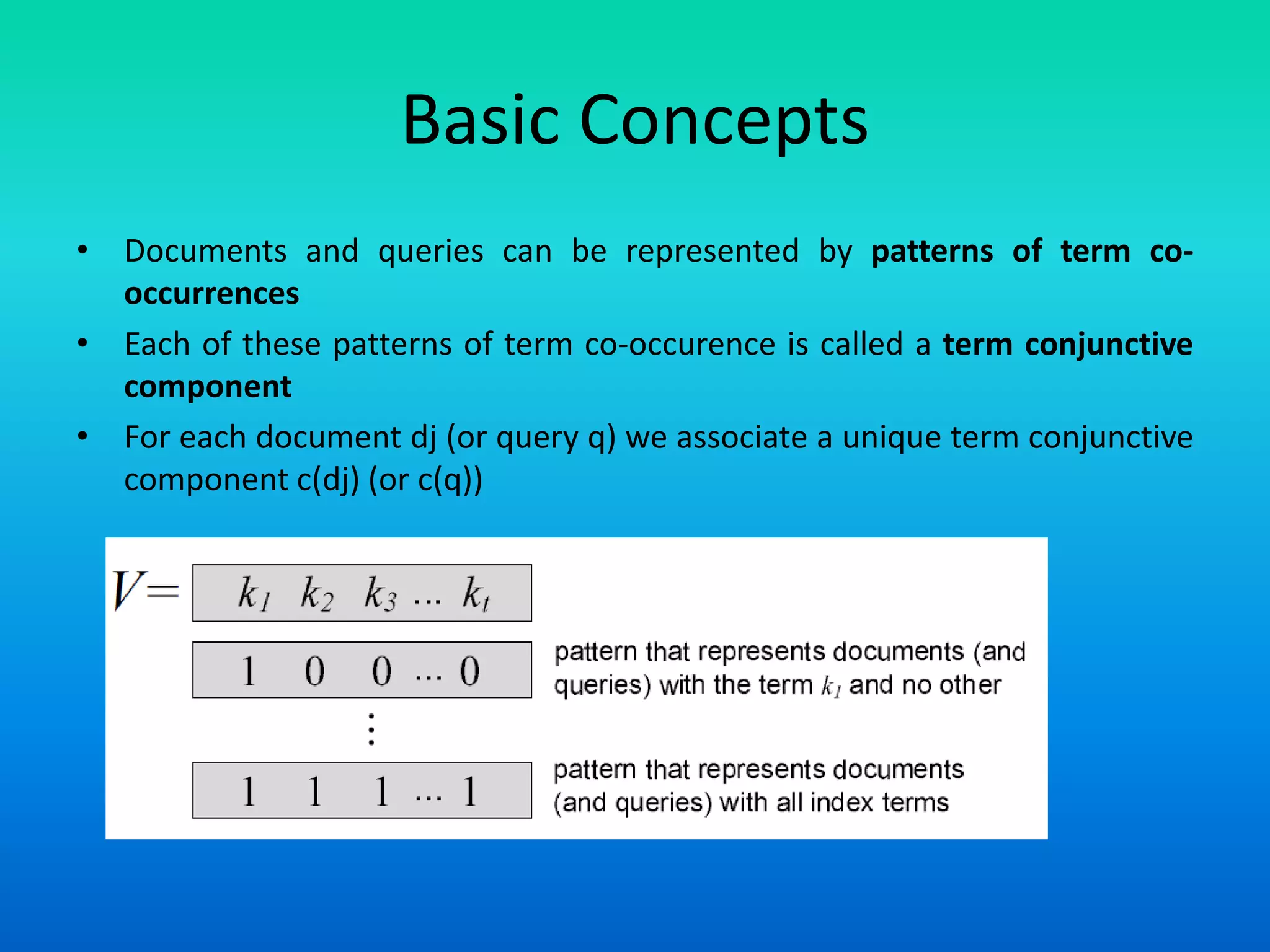 Basic Concepts
• Documents and queries can be represented by patterns of term co-
occurrences
• Each of these patterns of term co-occurence is called a term conjunctive
component
• For each document dj (or query q) we associate a unique term conjunctive
component c(dj) (or c(q))
 