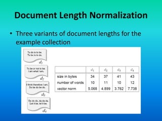 Document Length Normalization
• Three variants of document lengths for the
example collection
 