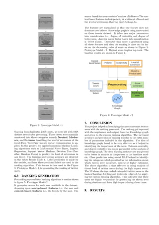 Figure 5: Prototype Model - 1
Starting from duplicates 2467 tweets, we were left with 1068
distinct tweets after processing. These tweets were manually
annotated into three categories namely Neutral, Moder-
ate, and Extreme describing the level of extremism of the
tweet.Then Word2Vec feature vector representation is ap-
plied. In this project, we applied numerous Machine Learn-
ing algorithms such as Multinomial Naive Bayes, Logistic
Regression, Support Vector Machine, Decision Tree Clas-
sifier, Random Forest to predict the level of extremism in
any tweet. The training and testing accuracy are depicted
in the below Result Table 1. Label prediction is made by
the models, and later these predicted labels are used in the
ranking algorithm. This feature is then used in the Figure
5: Prototype Model - 3 for generating the ranking of twitter
users.
6.3 RANKING GENERATION
For ranking custom based ranking algorithm is used as shown
in figure 5: Prototype Model-2
It generates scores for each user available in the dataset,
depening upon source-based features i.e., the user and
content-based features i.e., the tweets by the user. The
source based features consist of number of followers The con-
tent based features include polarity of sentiment of tweet and
the level of extremism that the tweet belongs to.
The features are normalized so that one feature does not
dominate over others. Knowledge graph is being constructed
on those tweets dataset. It takes two major parameters
into consideration i.e. degree of centrality and degree of
betweeness. Another major factor taken into consideration
is Tweet Count. Thereafter final score is generated using
all these features and then the ranking is done on the ba-
sis on the decreasing value of score as shown in Figure 5:
Prototype Model - 2. Highest score implies top rank. The
baseline results are shown in Figure 2.
Figure 6: Prototype Model - 2
7. CONCLUSION
The project helped in identifying the most extremist twitter
users with the ranking generated. The ranking got improved
with the cognizance and output from the Knowledge graph
and given to the custom ranking algorithm. The increased
accuracy and precision of ranking was due to the extra num-
ber of parameters included in the algorithm. The idea of
knowledge graph found to be very effective as it helped in
identifying the importance of the node. Between centrality
and degree centrality was major parameter in the analysis of
knowledge graph.The deep learning architecture was proved
to be better in analysis in comparison to the baselines mod-
els. Class prediction using model MLP helped in identify-
ing the categories which provided us the information about
which tweets were moderate, neutral or highly extremist.
The above algorithm is thus effective in doing analysis of
threat level of twitter users during the high impact event.
The UI shows the top ranked extremist twitter users on the
basis of hashtags fetching and its tweets collected, by apply-
ing the custom ranking algorithm. This indicates that these
users are highly responsible for generating the threat level
during elections and have high impact during these times.
8. RESULTS
 