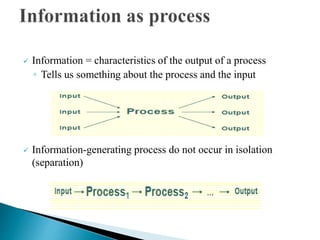  Information = characteristics of the output of a process
◦ Tells us something about the process and the input
 Information-generating process do not occur in isolation
(separation)
 