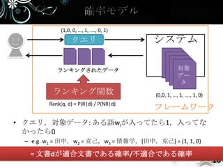 (1,0, 0, …, 1, …., 0, 1)
                  クエリ                   システム

           ランキングされたデータ                             対象
                                                   デー
                                                   タ
         ランキング関数                        (0,0, 1, …, 1, …., 1, 0)
        Rank(q, d) = P(R|d) / P(NR|d)
                                        フレームワーク
• クエリ，対象データ: ある語wiが入ってたら1，入ってな
  かったら0
 – e.g. w1 = 田中，w2 = 克己，w3 = 情報学，{田中，克己} = (1, 1, 0)
• ランキング関数
   = 文書dが適合文書である確率/不適合である確率
                                                                   10
 