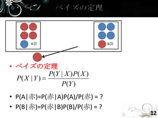 A袋                       B袋




• ベイズの定理
             P(Y | X ) P( X )
  P( X | Y )
                 P(Y )
• P(A|赤)=P(赤|A)P(A)/P(赤) = ?
• P(B|赤)=P(赤|B)P(B)/P(赤) = ?
                                     12
 