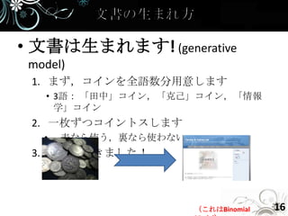 • 文書は生まれます! (generative
 model)
 1. まず，コインを全語数分用意します
   • 3語： 「田中」コイン，「克己」コイン，「情報
     学」コイン
 2. 一枚ずつコイントスします
   •   表なら使う，裏なら使わない
 3. 文書ができました！



                       （これはBinomial   16
 