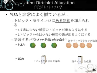 • PLSAと非常によく似ているが…
 – トピック・語サイコロにある制約を加えられ
   る
  • 1文書に少ない種類のトピックが出るようにする
  • 1トピックからは少ない種類の語が出るようにする
 – 学習するパラメータ数が少ない
        トピックサイコロを文書数分     語サイコロをトピック数分
  • PLSA:



  • LDA:
            トピックサイコロ生成器    語サイコロ生成器


                                      36
 