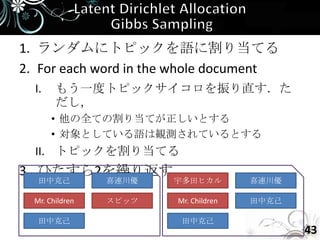 1. ランダムにトピックを語に割り当てる
2. For each word in the whole document
  I.    もう一度トピックサイコロを振り直す．た
        だし，
       • 他の全ての割り当てが正しいとする
       • 対象としている語は観測されているとする
  II. トピックを割り当てる
3. ひたすら2を繰り返す
   田中克己          喜連川優   宇多田ヒカル         喜連川優

  Mr. Children   スピッツ   Mr. Children   田中克己

   田中克己                  田中克己
                                              43
 