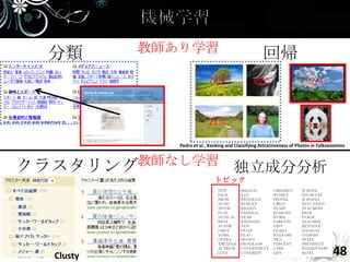 分類       教師あり学習                                    回帰
                           78点                  89点                        ??点



                           21点                  31点
                                                                          ??点

              Pedro et al., Ranking and Classifying Attractiveness of Photos in Folksonomies



クラスタリング教師なし学習 独立成分分析
                              トピック




  Clusty                                                                              48
 