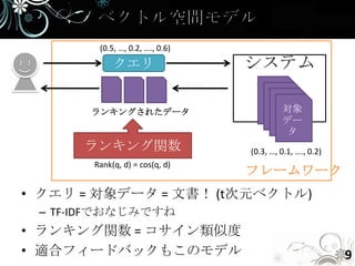 (0.5, …, 0.2, …., 0.6)
            クエリ                  システム

       ランキングされたデータ                        対象
                                          デー
                                          タ
      ランキング関数                    (0.3, …, 0.1, …., 0.2)
       Rank(q, d) = cos(q, d)
                                 フレームワーク
• クエリ = 対象データ = 文書！ (t次元ベクトル)
 – TF-IDFでおなじみですね
• ランキング関数 = コサイン類似度
• 適合フィードバックもこのモデル                                         9
 
