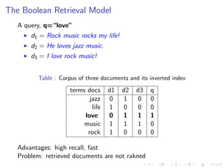 The Boolean Retrieval Model
A query, q=“love”
d1 = Rock music rocks my life!
d2 = He loves jazz music.
d3 = I love rock music!
Table : Corpus of three documents and its inverted index
terms docs d1 d2 d3 q
jazz 0 1 0 0
life 1 0 0 0
love 0 1 1 1
music 1 1 1 0
rock 1 0 0 0
Advantages: high recall, fast
Problem: retrieved documents are not rakned
 