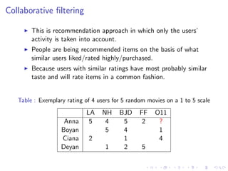 Collaborative ﬁltering
This is recommendation approach in which only the users’
activity is taken into account.
People are being recommended items on the basis of what
similar users liked/rated highly/purchased.
Because users with similar ratings have most probably similar
taste and will rate items in a common fashion.
Table : Exemplary rating of 4 users for 5 random movies on a 1 to 5 scale
LA NH BJD FF O11
Anna 5 4 5 2 ?
Boyan 5 4 1
Ciana 2 1 4
Deyan 1 2 5
 