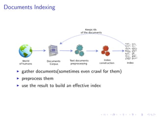 Documents Indexing
gather documents(sometimes even crawl for them)
preprocess them
use the result to build an eﬀective index
 