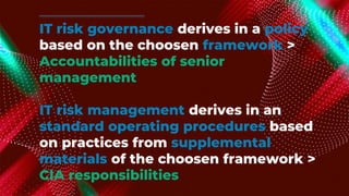 IT risk governance derives in a policy
based on the choosen framework >
Accountabilities of senior
management
IT risk management derives in an
standard operating procedures based
on practices from supplemental
materials of the choosen framework >
CIA responsibilities
 