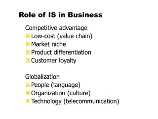 Role of IS in Business
Competitive advantage
Low-cost (value chain)
Market niche
Product differentiation
Customer loyalty
Globalization
People (language)
Organization (culture)
Technology (telecommunication)
 