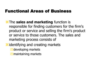 Functional Areas of Business
The sales and marketing function is
responsible for finding customers for the firm's
product or service and selling the firm's product
or service to those customers. The sales and
marketing process consists of
identifying and creating markets
developing markets
maintaining markets
 