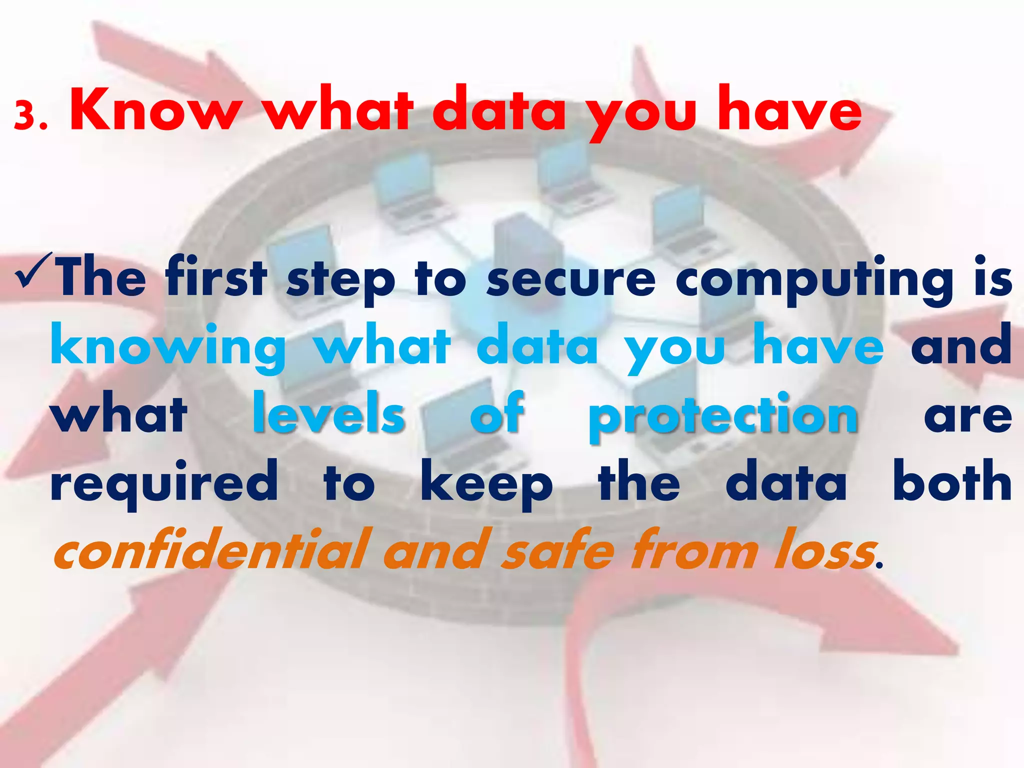 3. Know what data you have 
The first step to secure computing is 
knowing what data you have and 
what levels of protection are 
required to keep the data both 
confidential and safe from loss. 
 
