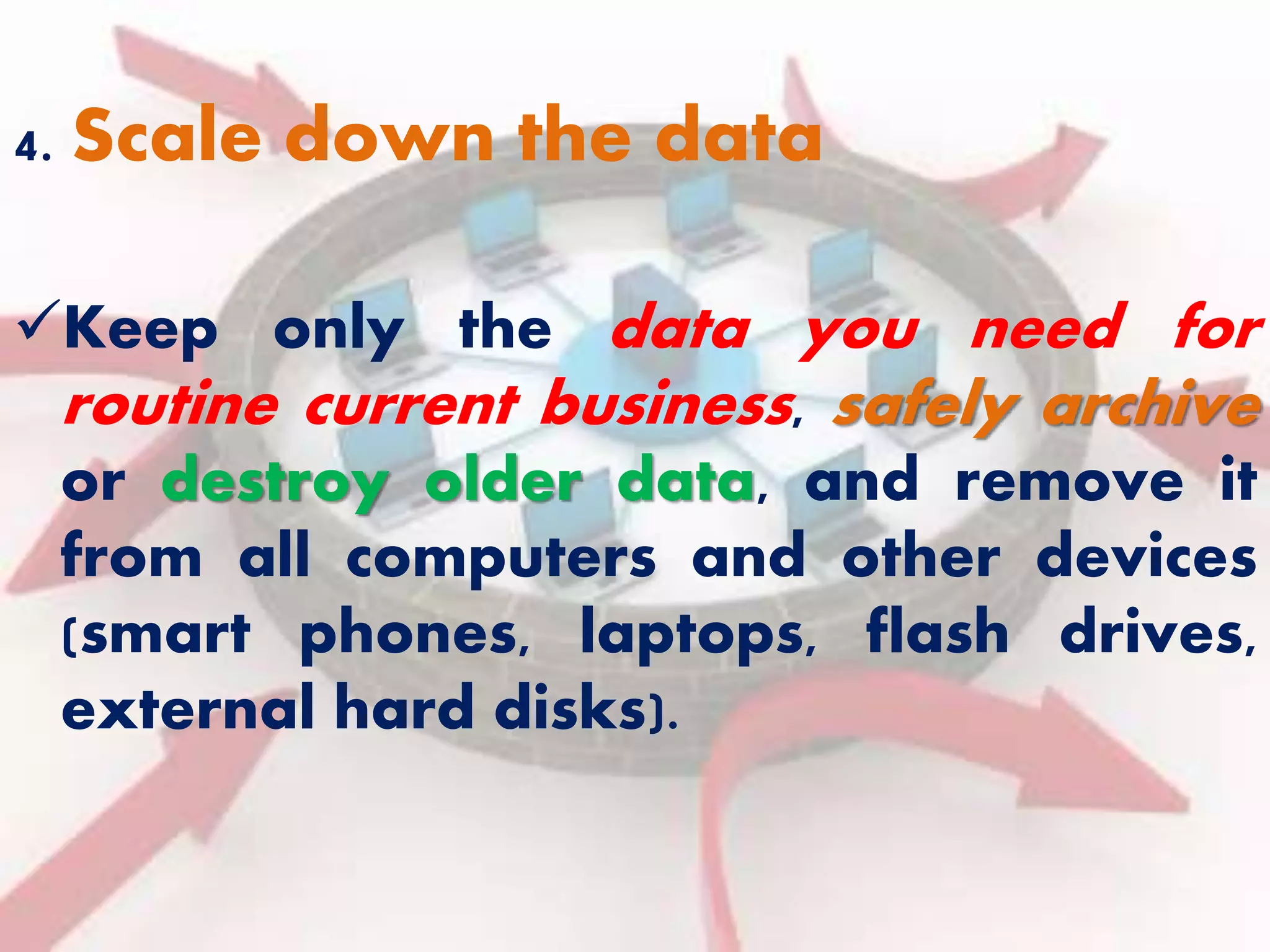 4. Scale down the data 
Keep only the data you need for 
routine current business, safely archive 
or destroy older data, and remove it 
from all computers and other devices 
(smart phones, laptops, flash drives, 
external hard disks). 
 
