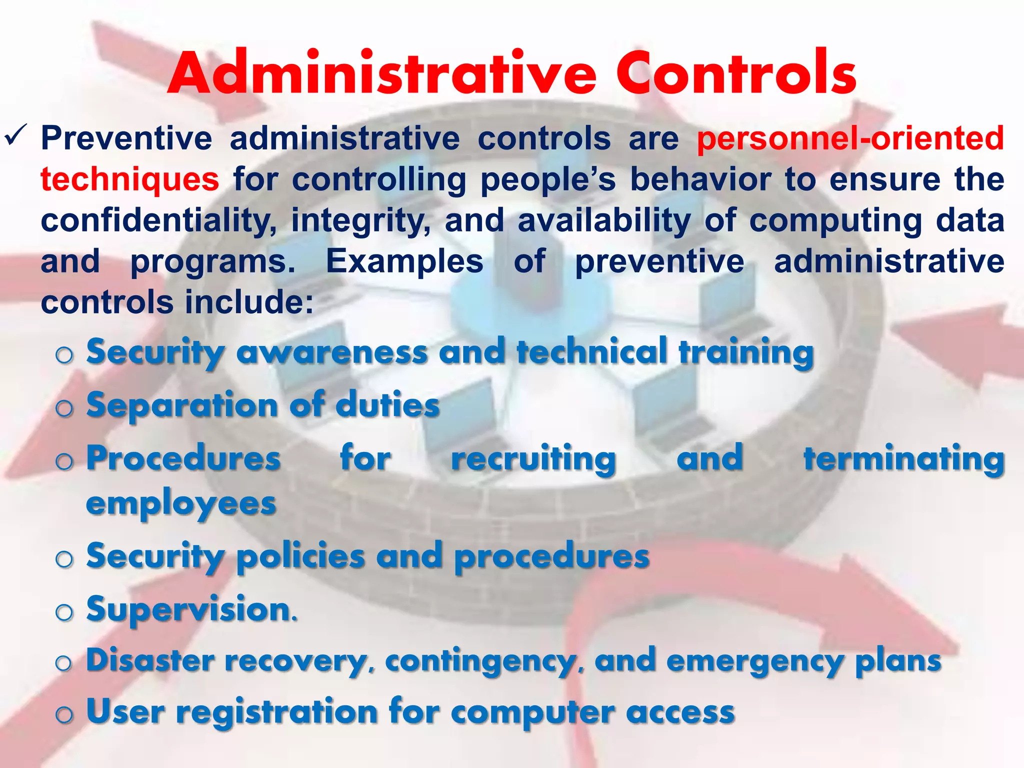 Administrative Controls 
 Preventive administrative controls are personnel-oriented 
techniques for controlling people’s behavior to ensure the 
confidentiality, integrity, and availability of computing data 
and programs. Examples of preventive administrative 
controls include: 
o Security awareness and technical training 
o Separation of duties 
o Procedures for recruiting and terminating 
employees 
o Security policies and procedures 
o Supervision. 
o Disaster recovery, contingency, and emergency plans 
o User registration for computer access 
 
