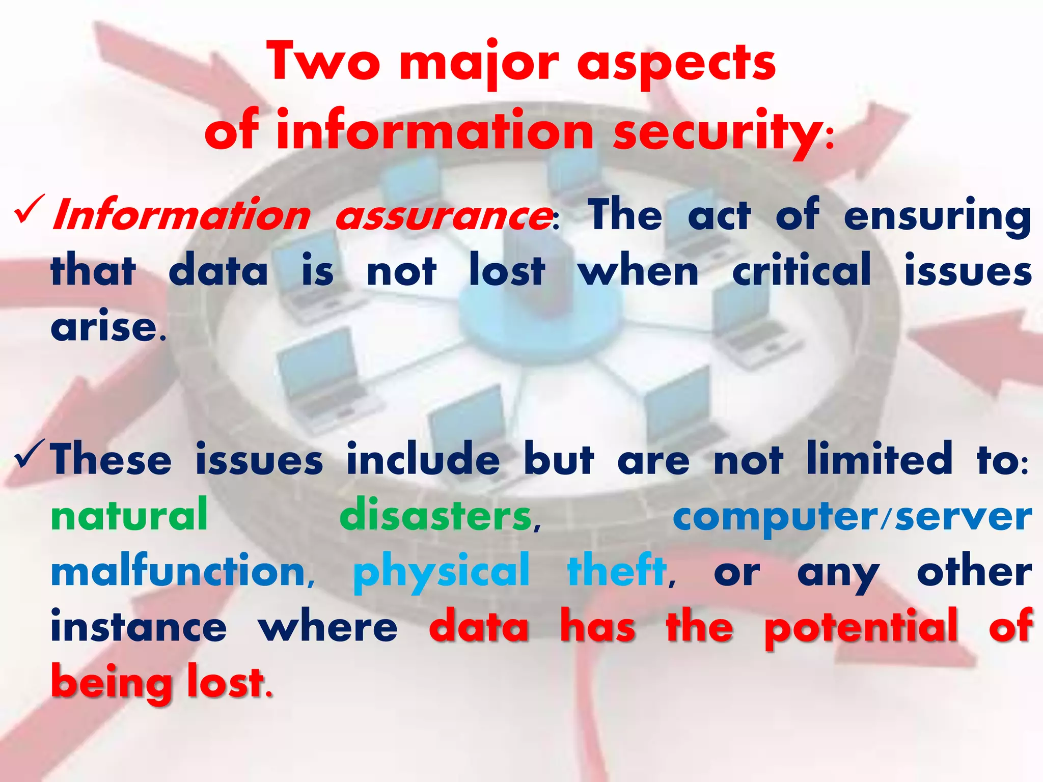 Two major aspects 
of information security: 
Information assurance: The act of ensuring 
that data is not lost when critical issues 
arise. 
These issues include but are not limited to: 
natural disasters, computer/server 
malfunction, physical theft, or any other 
instance where data has the potential of 
being lost. 
 