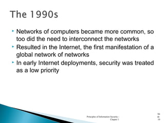  Networks of computers became more common, so
too did the need to interconnect the networks
 Resulted in the Internet, the first manifestation of a
global network of networks
 In early Internet deployments, security was treated
as a low priority
Principles of Information Security -
Chapter 1
Sli
de
10
 