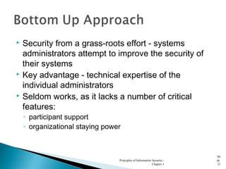  Security from a grass-roots effort - systems
administrators attempt to improve the security of
their systems
 Key advantage - technical expertise of the
individual administrators
 Seldom works, as it lacks a number of critical
features:
◦ participant support
◦ organizational staying power
Principles of Information Security -
Chapter 1
Sli
de
21
 