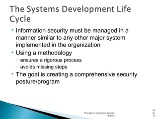  Information security must be managed in a
manner similar to any other major system
implemented in the organization
 Using a methodology
◦ ensures a rigorous process
◦ avoids missing steps
 The goal is creating a comprehensive security
posture/program
Principles of Information Security -
Chapter 1
Sli
de
24
 