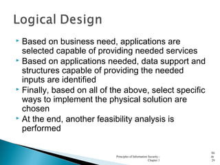  Based on business need, applications are
selected capable of providing needed services
 Based on applications needed, data support and
structures capable of providing the needed
inputs are identified
 Finally, based on all of the above, select specific
ways to implement the physical solution are
chosen
 At the end, another feasibility analysis is
performed
Principles of Information Security -
Chapter 1
Sli
de
29
 