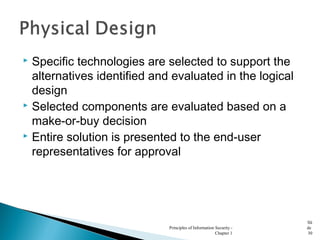  Specific technologies are selected to support the
alternatives identified and evaluated in the logical
design
 Selected components are evaluated based on a
make-or-buy decision
 Entire solution is presented to the end-user
representatives for approval
Principles of Information Security -
Chapter 1
Sli
de
30
 